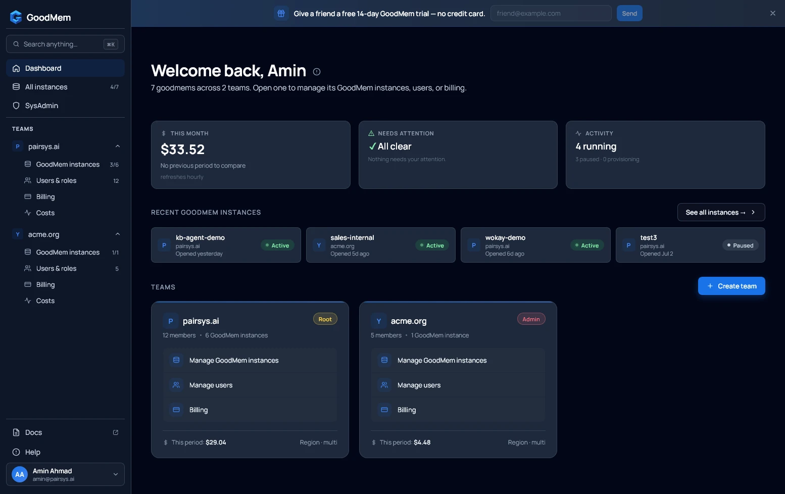 GoodMem Cloud dashboard showing two teams, recent instances, and month-to-date costs
