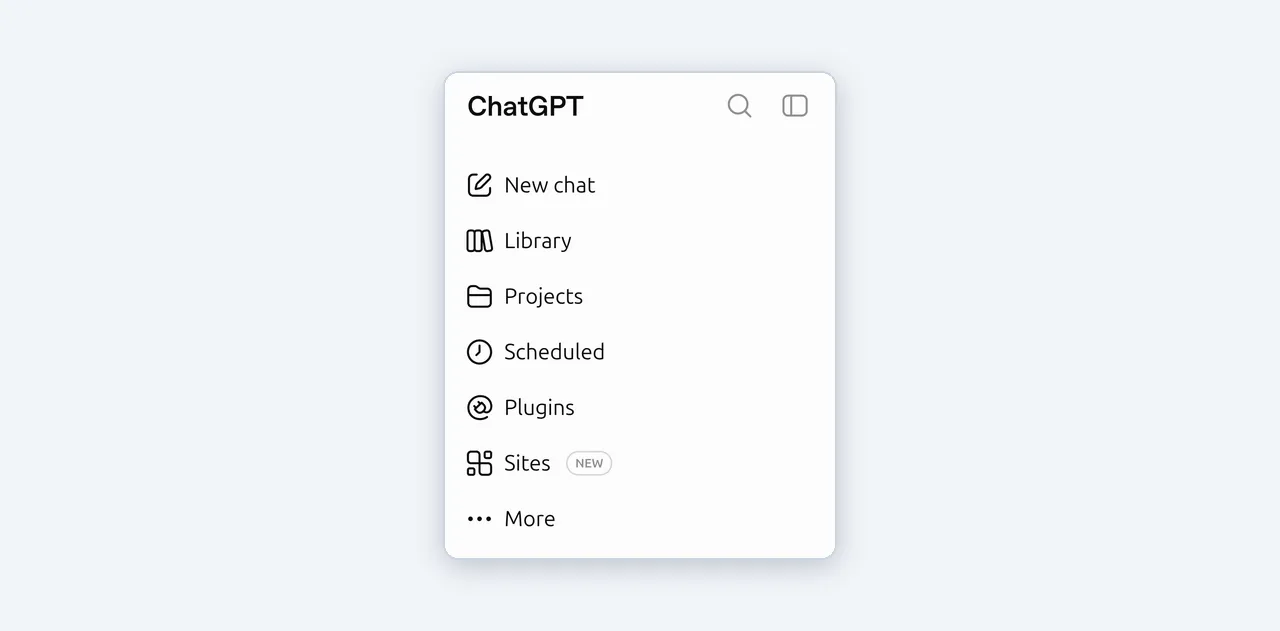 The ChatGPT sidebar, listing New chat, Library, Projects, Scheduled, Plugins,
Sites, and More.