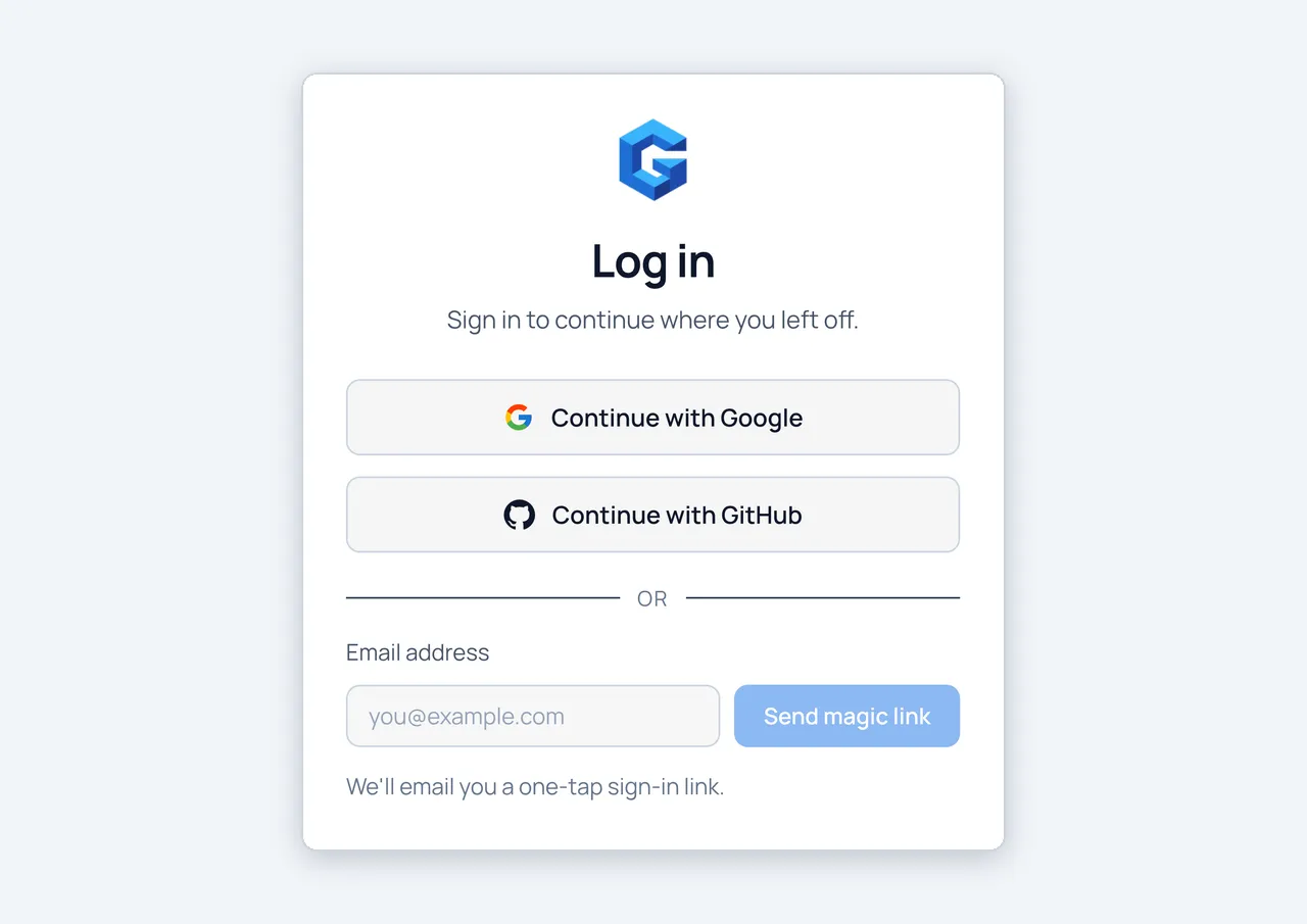 The GoodMem Cloud sign-in page, with buttons for Continue with Google and
Continue with GitHub, and an email field with a Send magic link
button.