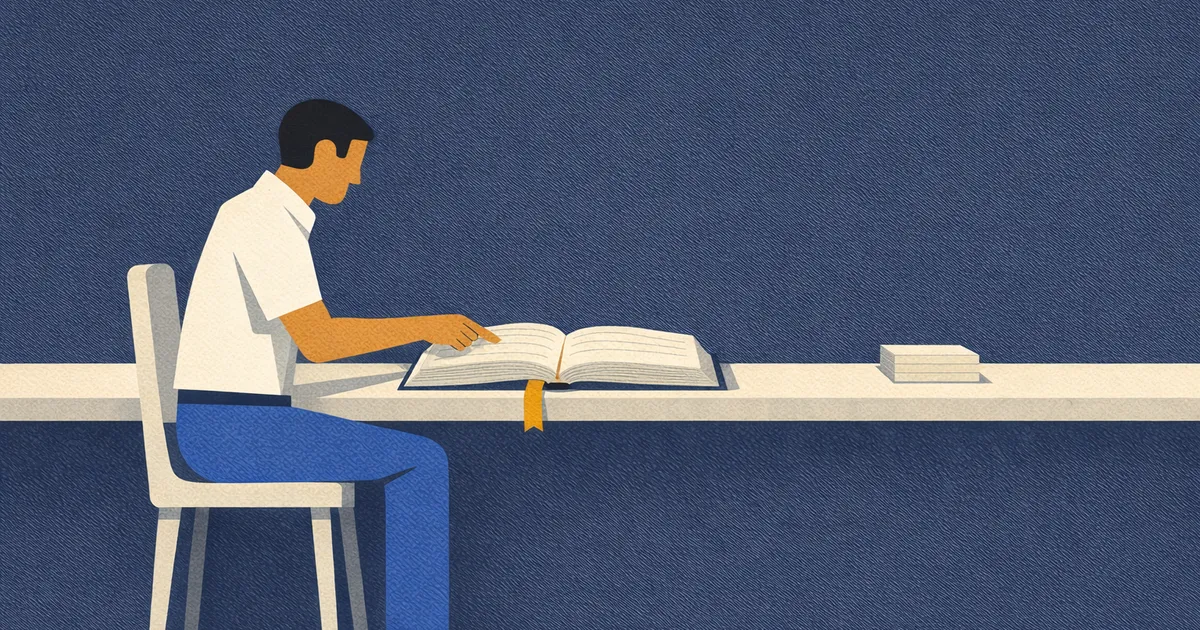 A reader consults a thick open book at a table, following a page marked with an amber ribbon. A small stack of index cards sits beside the book.