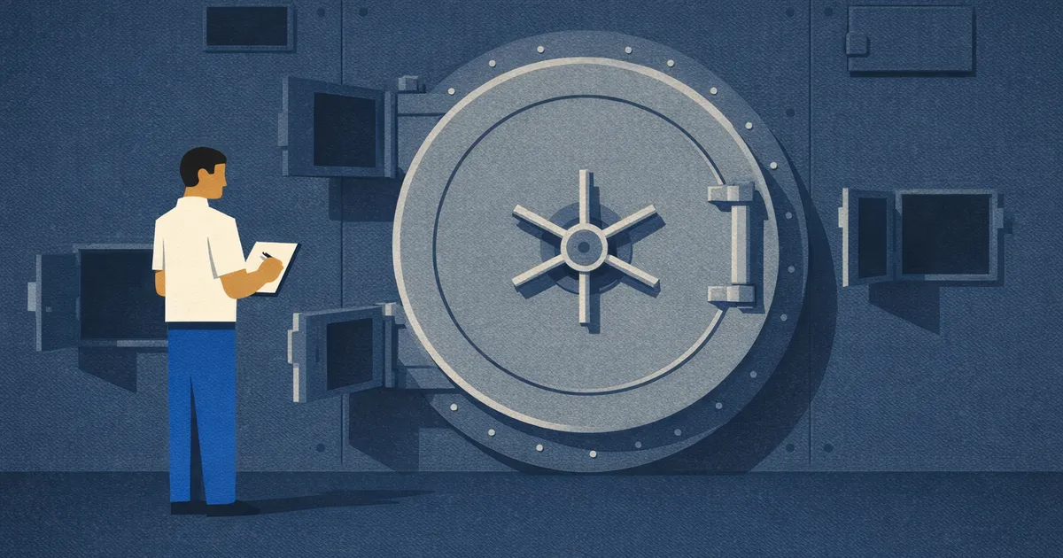 A person with a clipboard stands beside a large closed bank-vault door with an intact wheel lock, while several small service hatches set into the same wall hang open and dark.
