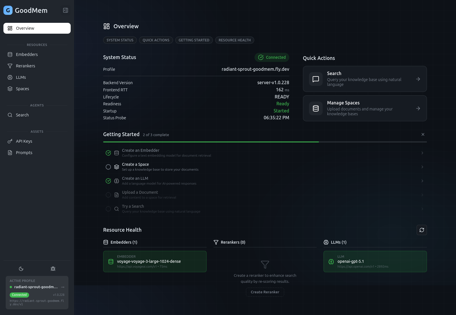 GoodMem web console showing system health, resource status, and getting started checklist
